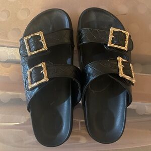 Joie Black Leather  Sandals with Gold Buckles